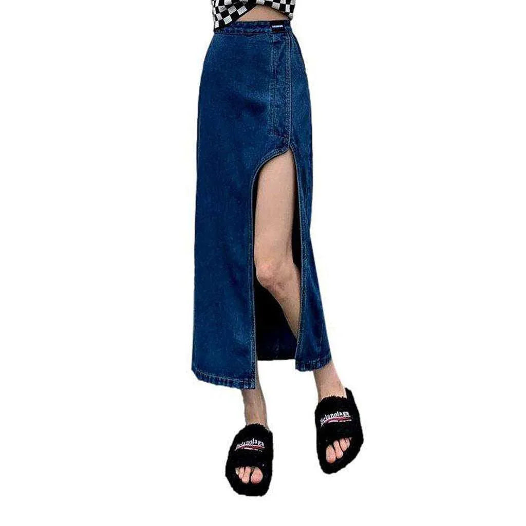 Big slit long denim skirt