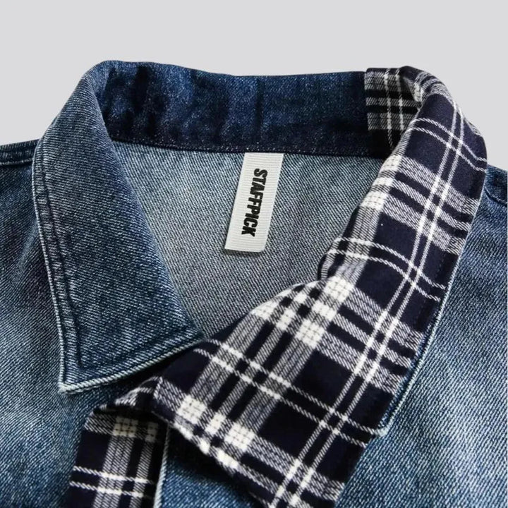 Faded mixed plaid boho jean jacket for men