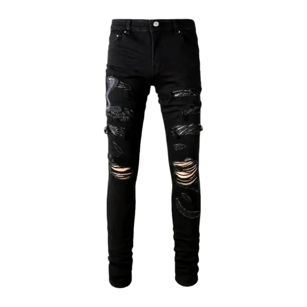 Embroidered Fashion Style Skinny Men's Jeans - Black