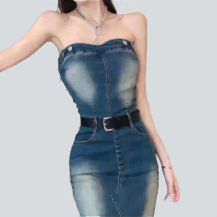 Slit sanded strapless denim dress