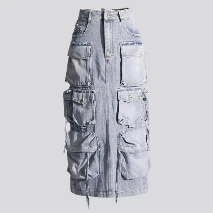 Maxi length cargo pockets jeans skirt