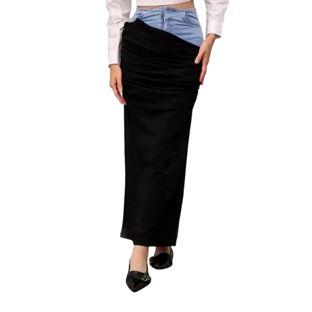 Chic Mixed Pattern High-rise Denim Skirt - Black