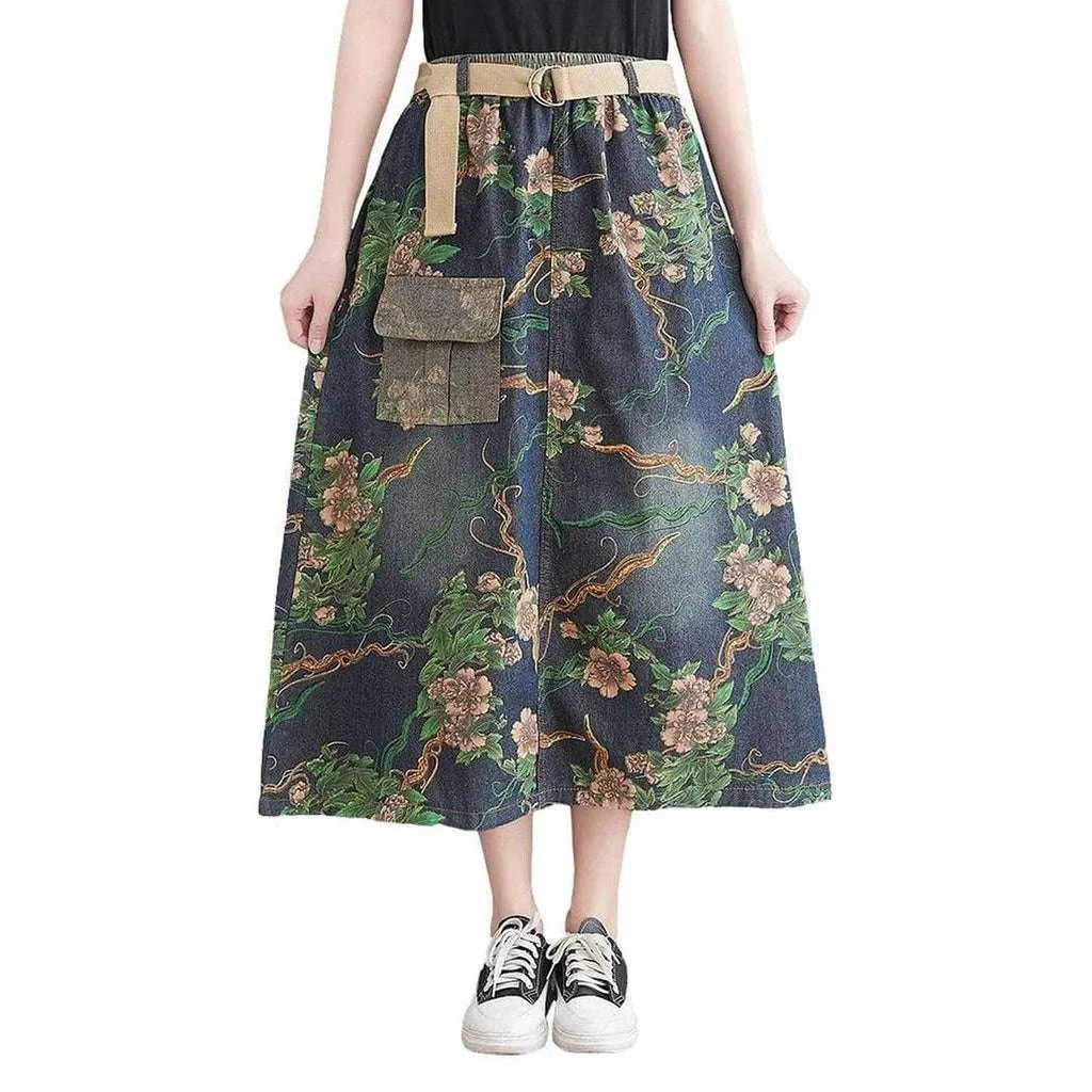 Cargo pocket painted denim skirt