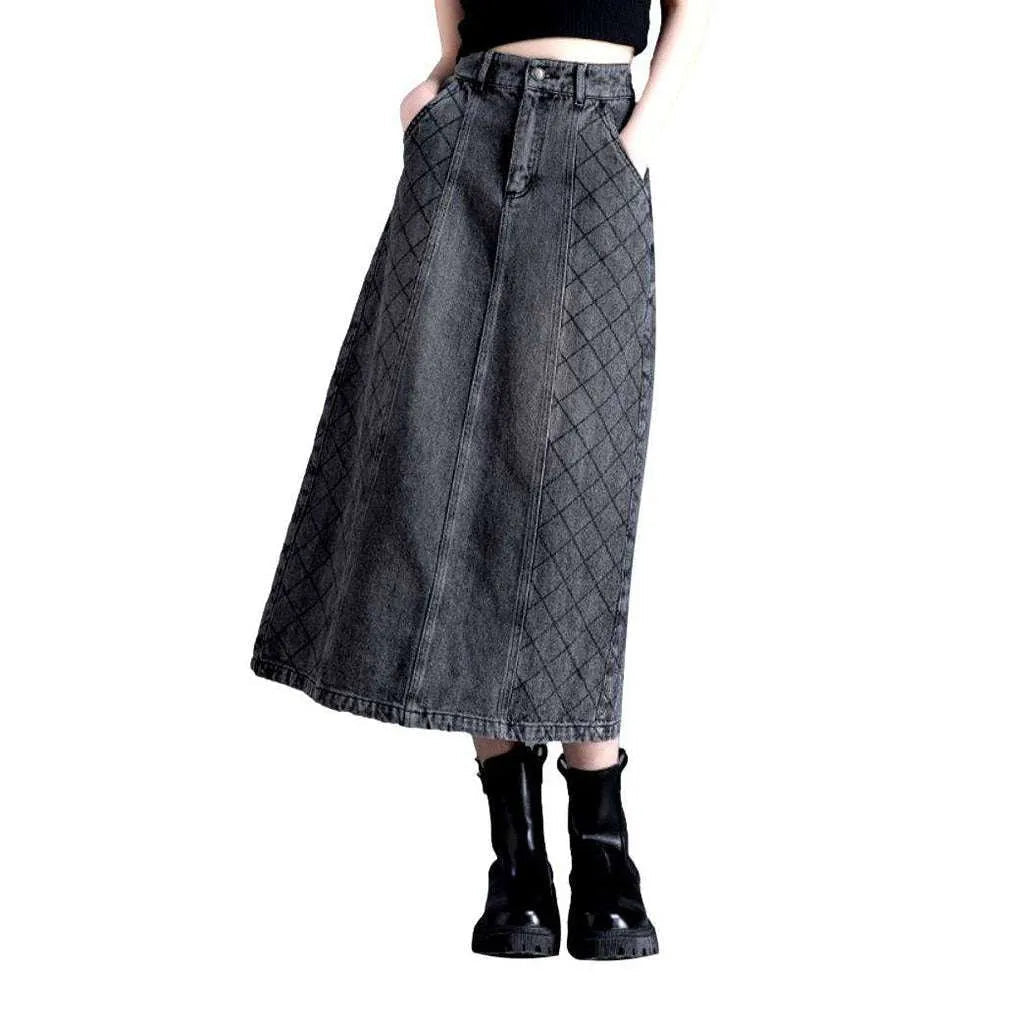 Checkered patchwork grey denim skirt