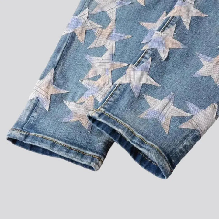 Stars-embroidery men's distressed jeans