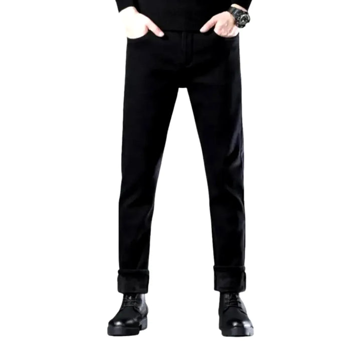 Single Color Rolled-up Cuffs Men's Jeans - Black