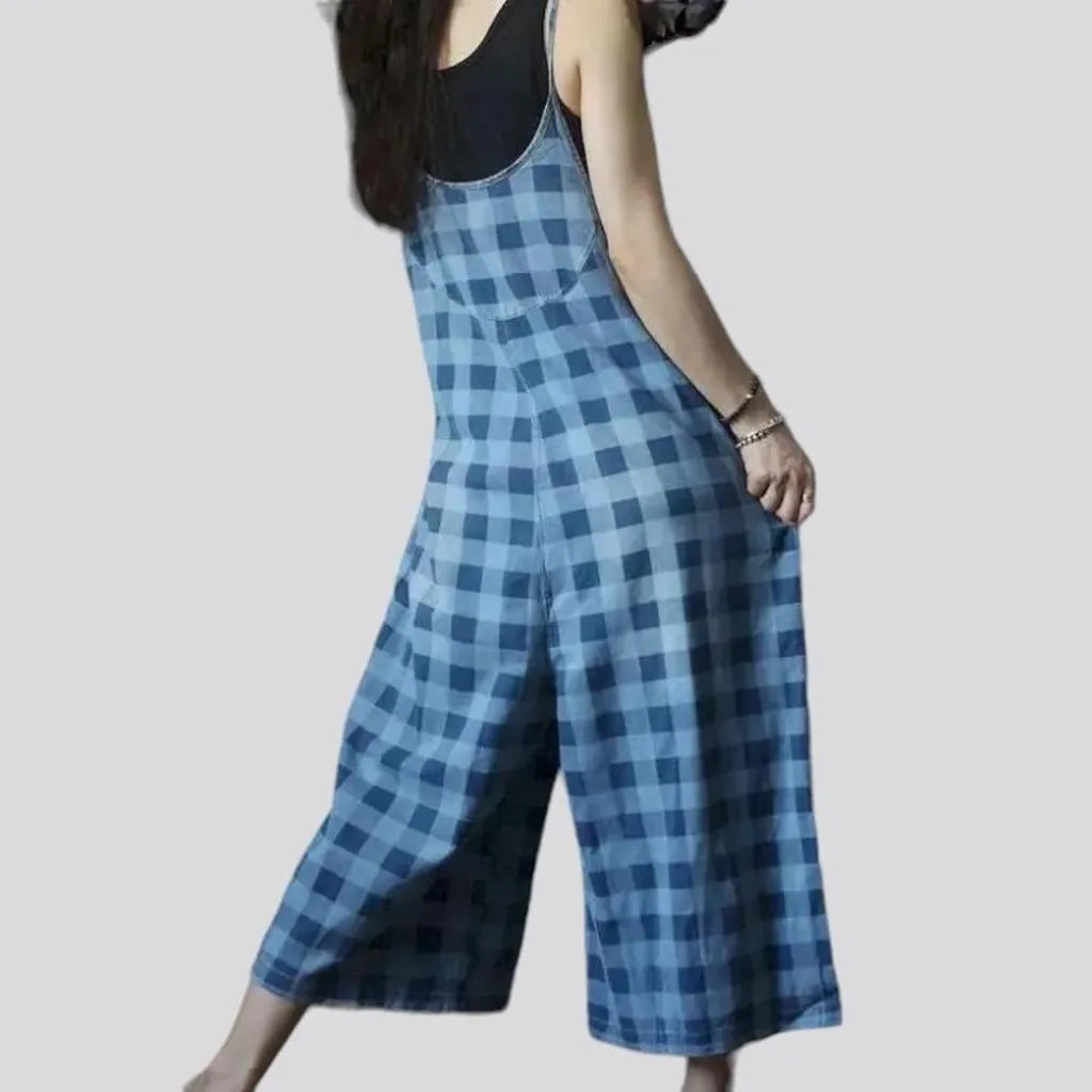 Wide-leg checkered jean jumpsuit