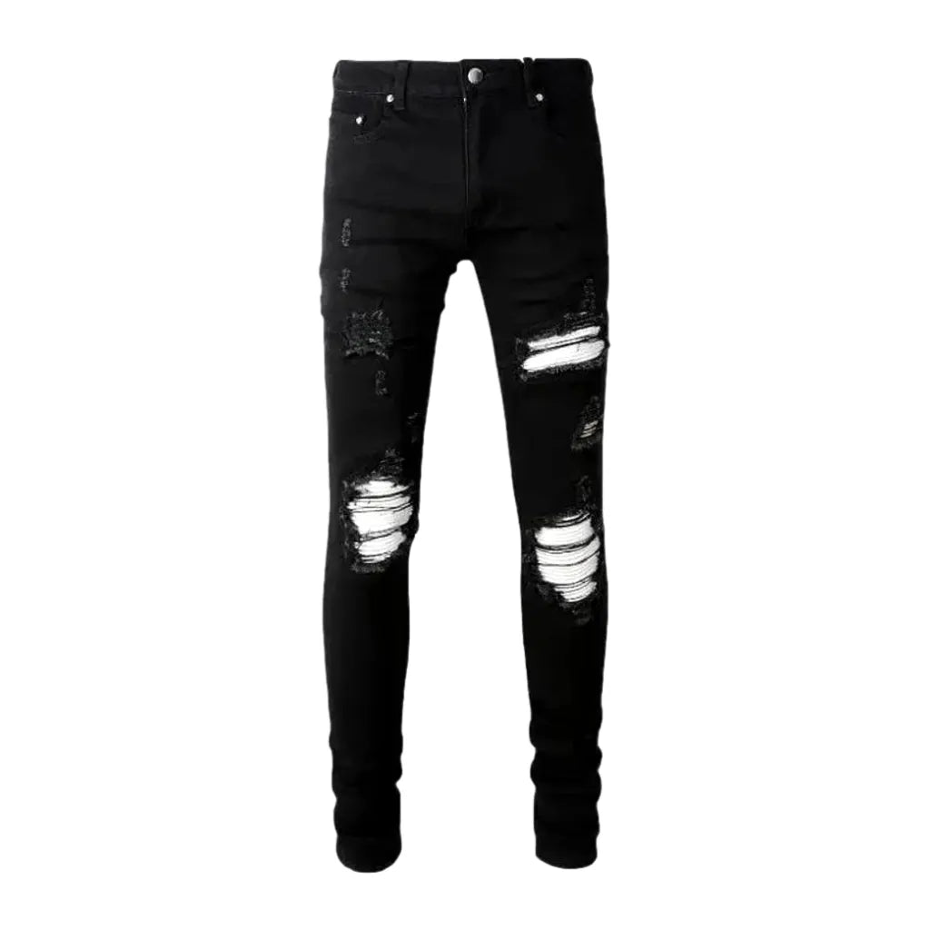 Distressed Fit White-patch Men's Jeans - Black