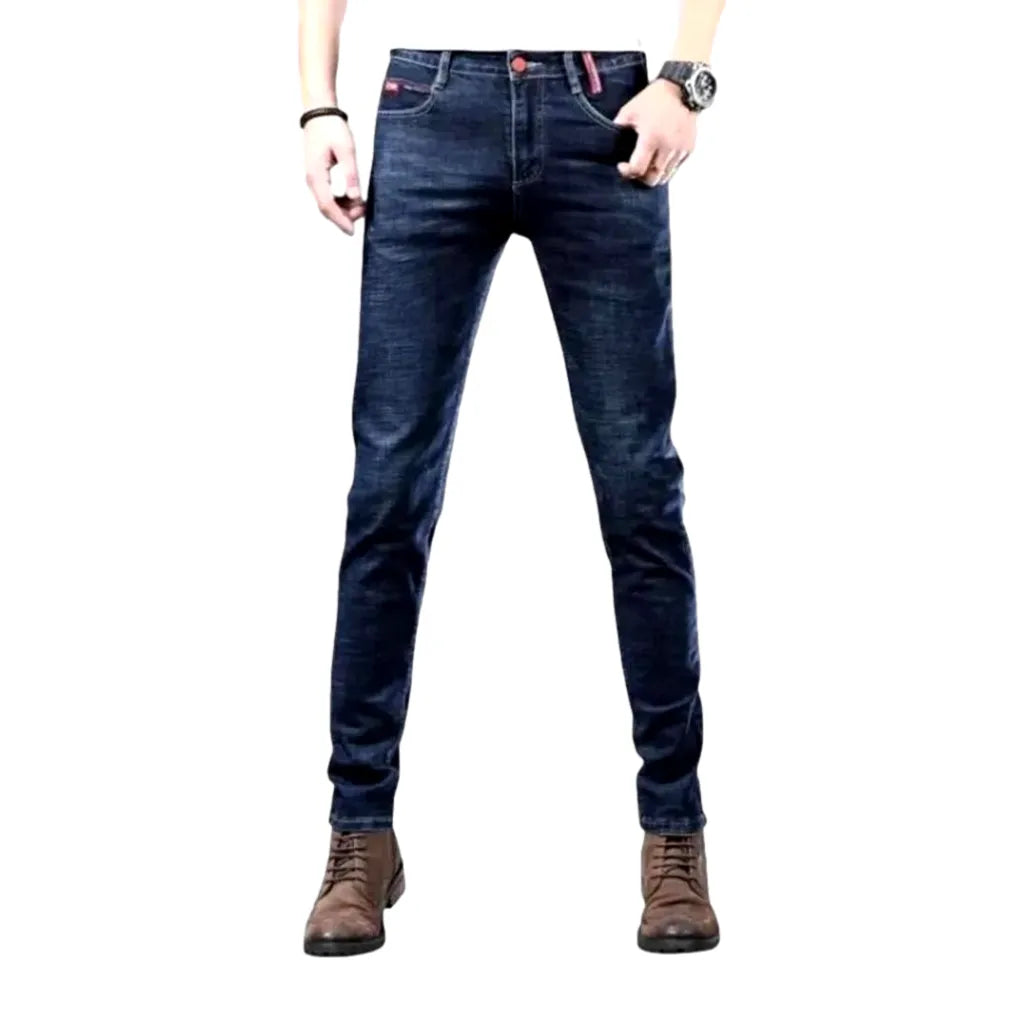 Fitted Mid Rise Elastic Men's Jeans - Dark Blue