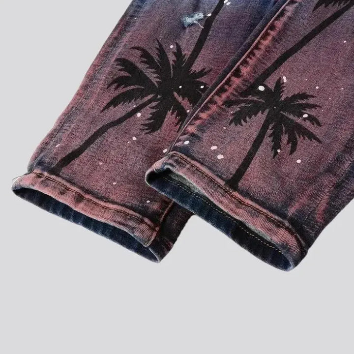 Distressed men's palms-print jeans