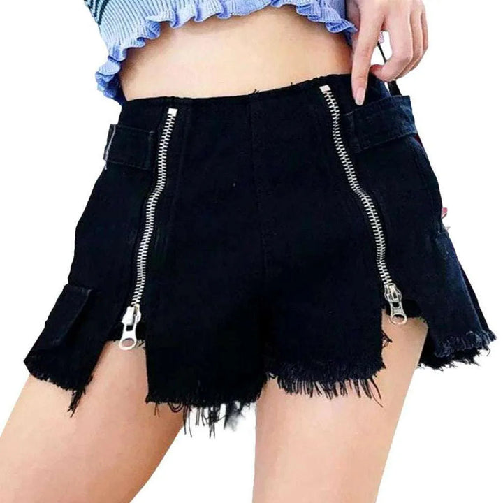 Distressed denim shorts with zippers