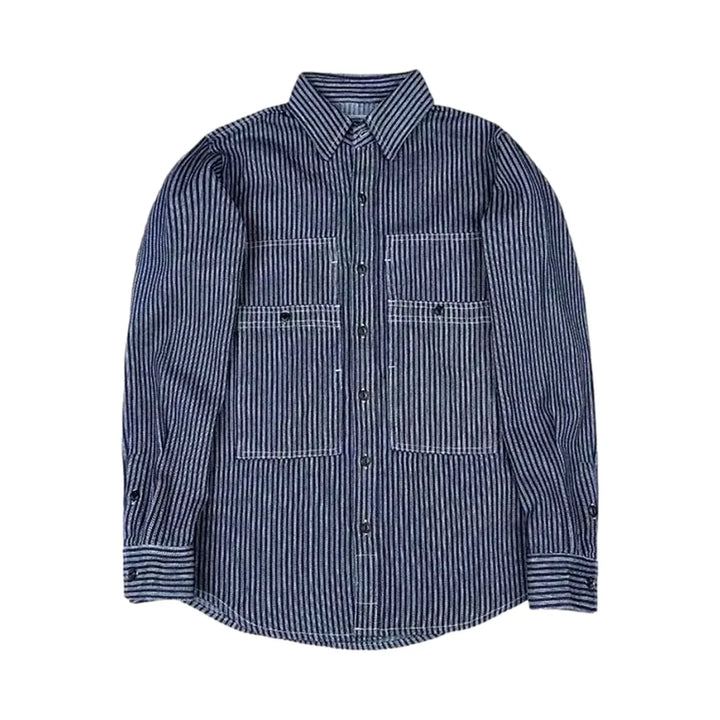 Medium Stripes Casual Worker Men's Denim Shirt - Light Blue