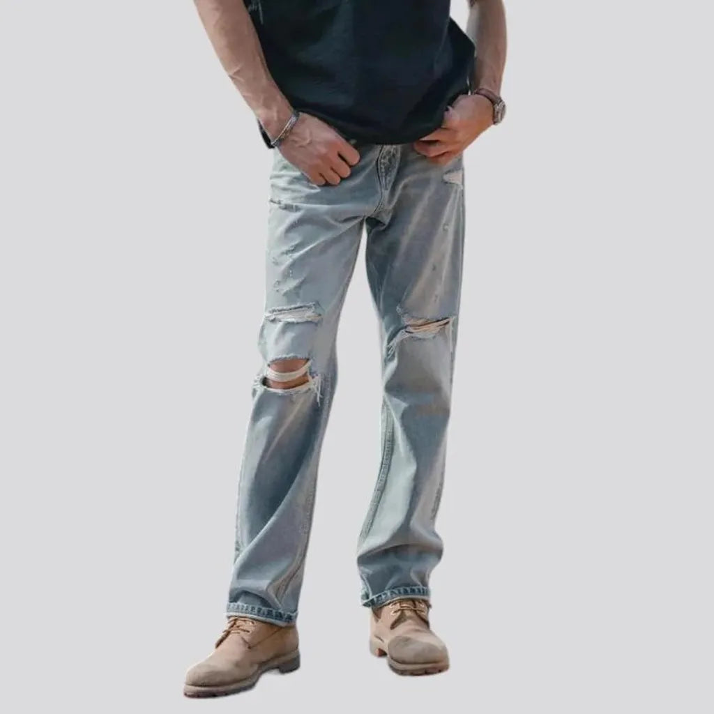 distressed, baggy, light-wash, 13.7oz, high-waist, zipper-button, men's jeans | Jeans4you.shop