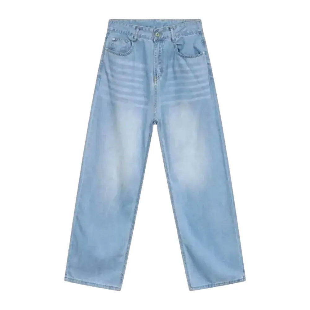 Sanded and Whiskered Baggy Jeans for Men - Light Blue