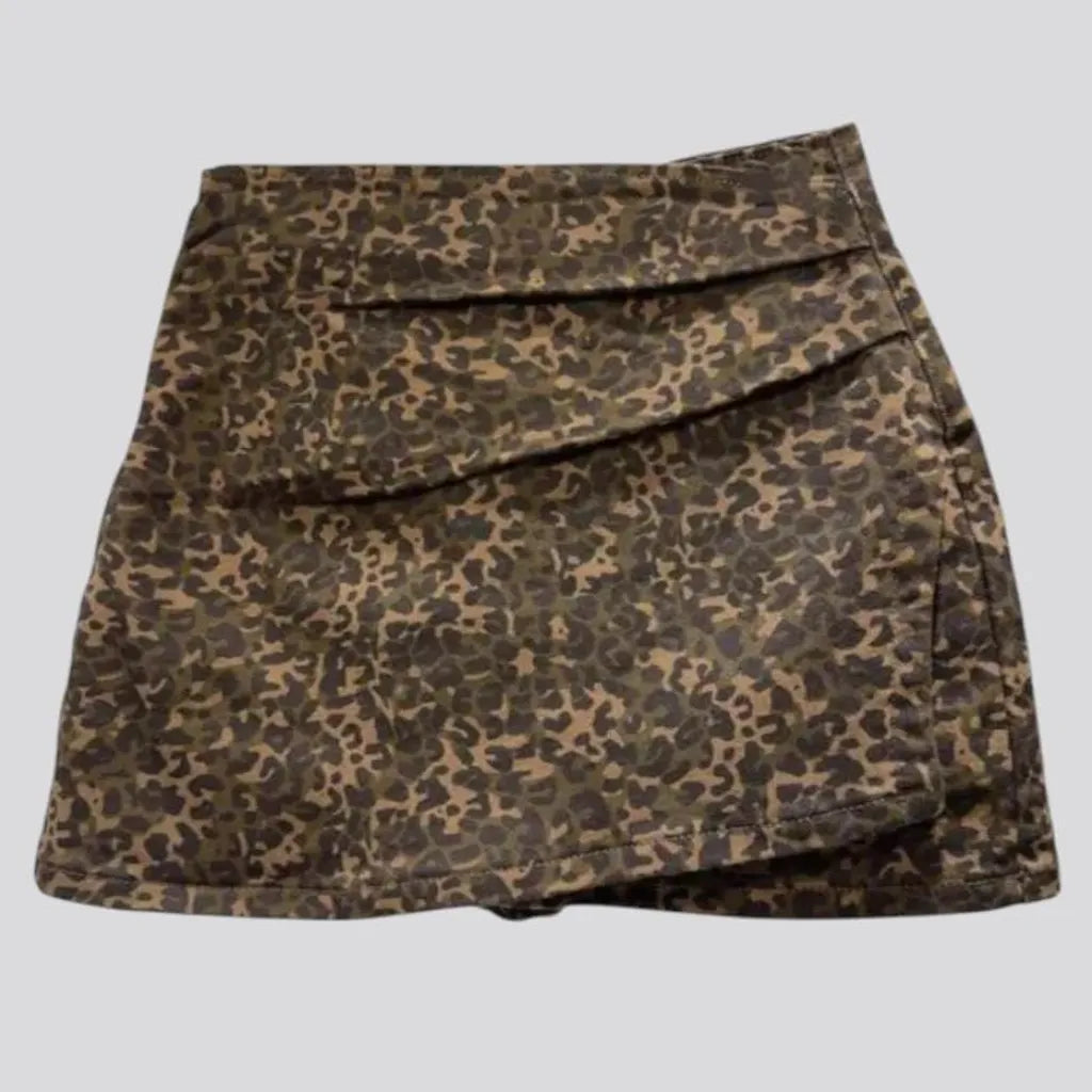 Boho wrap style leopard print jean skirt