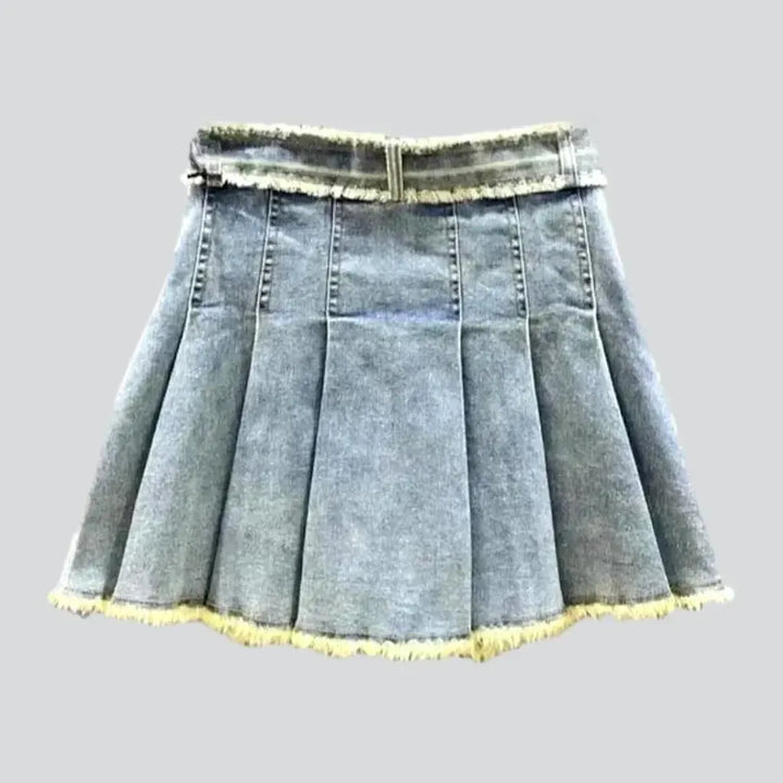 pleated, vintage, mini, light-wash, raw-hem, zipper-button-blet, women's skirt | Jeans4you.shop
