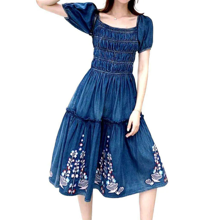 Embroidered Denim Dress - Blue