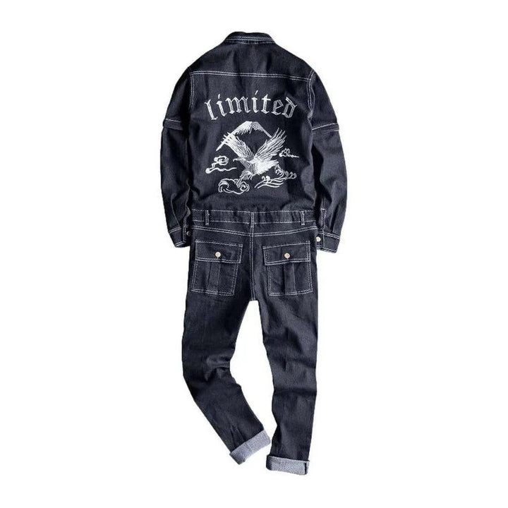 Embroidered Denim Jumpsuit for Men - Black