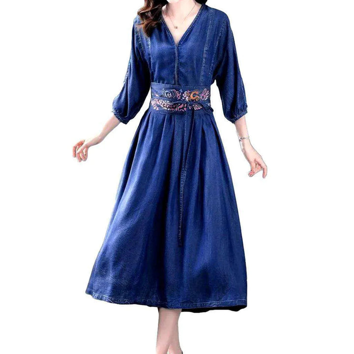 Embroidered Flared Jean Dress - Blue