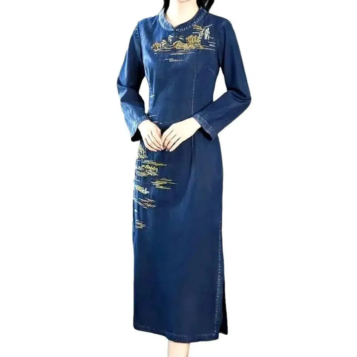 Embroidered Long Jean Dress - Blue