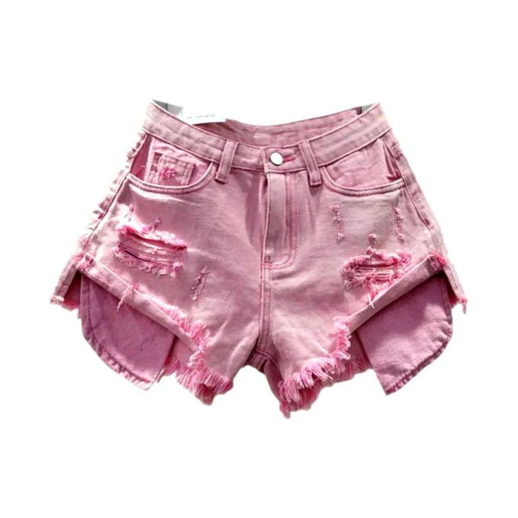 Exposed pockets distressed denim shorts