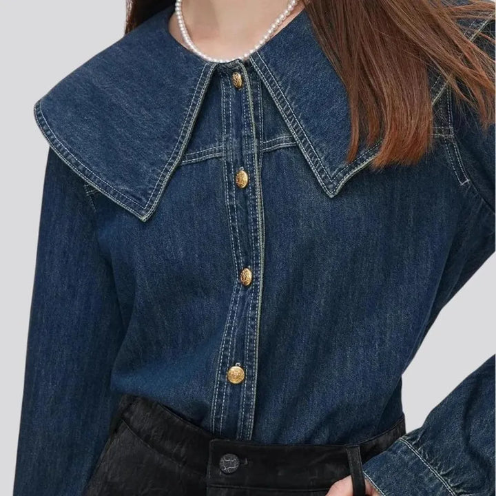 Trendy wide collar oversized women's jeans shirt