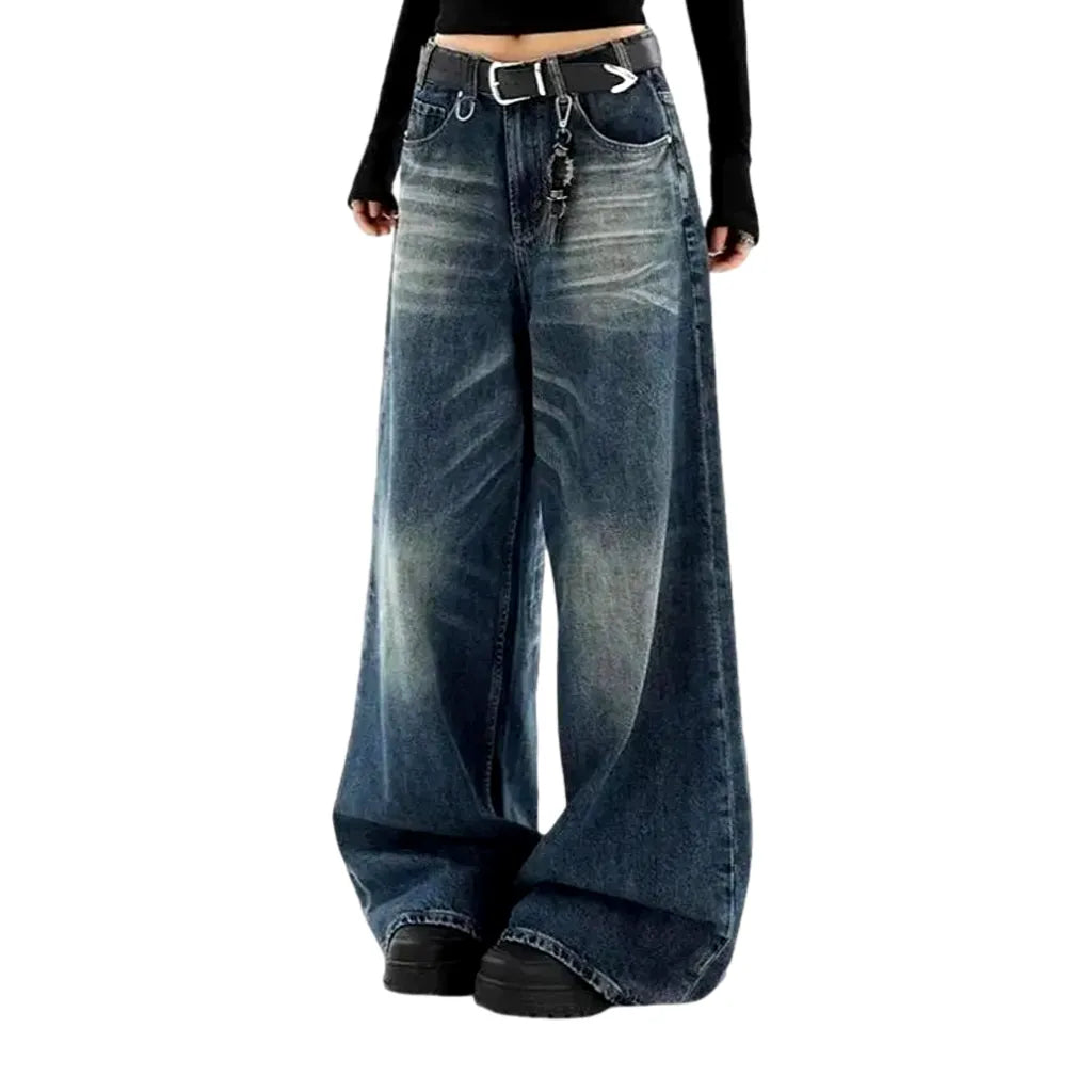 Sanded Whiskered Slouchy Jeans for Women - Blue