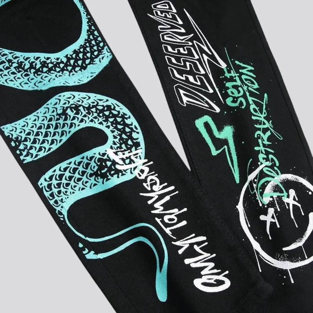 Mid waist graffiti snake design men's jeans