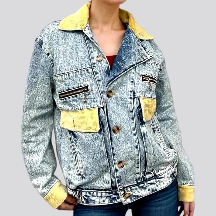 Faded Wash Corduroy Collar Denim Jacket for Women | Jeans4you.shop