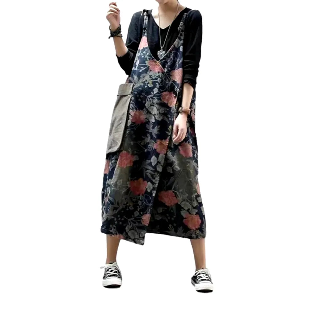 Fashion Dark Floral Denim Dress - Dark Blue