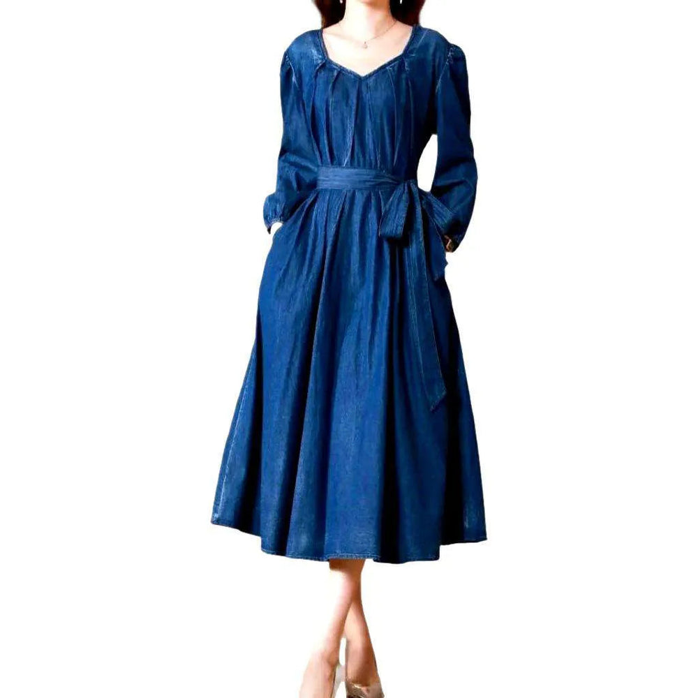 Flared Denim Dress - Blue