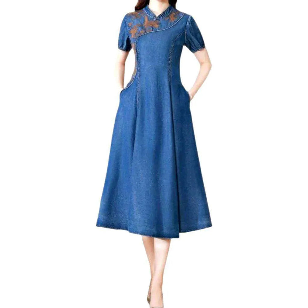 Flared Medium Wash Denim Dress - Blue