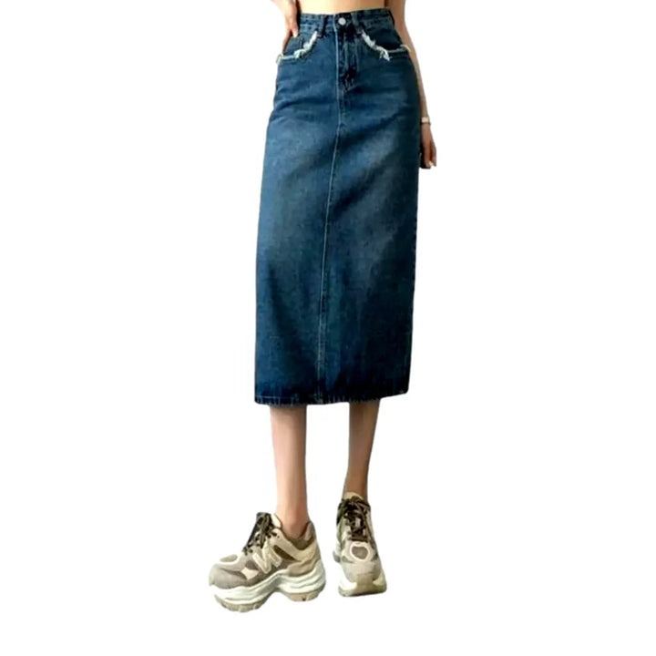 Frayed-pockets long jeans skirt