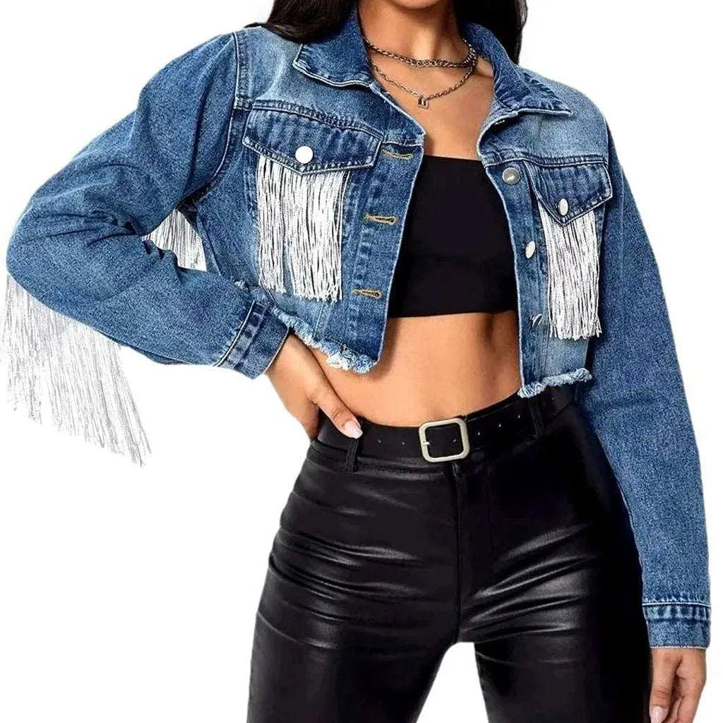 Fringe cropped women's denim jacket