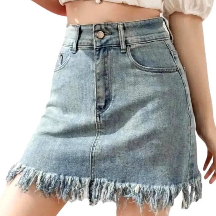 Fringe-hem light-wash denim skort