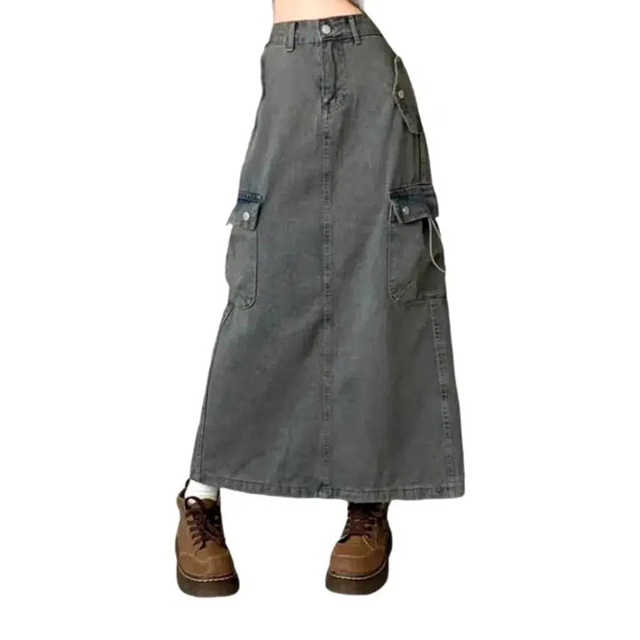 Grey back-slit women's jean skirt