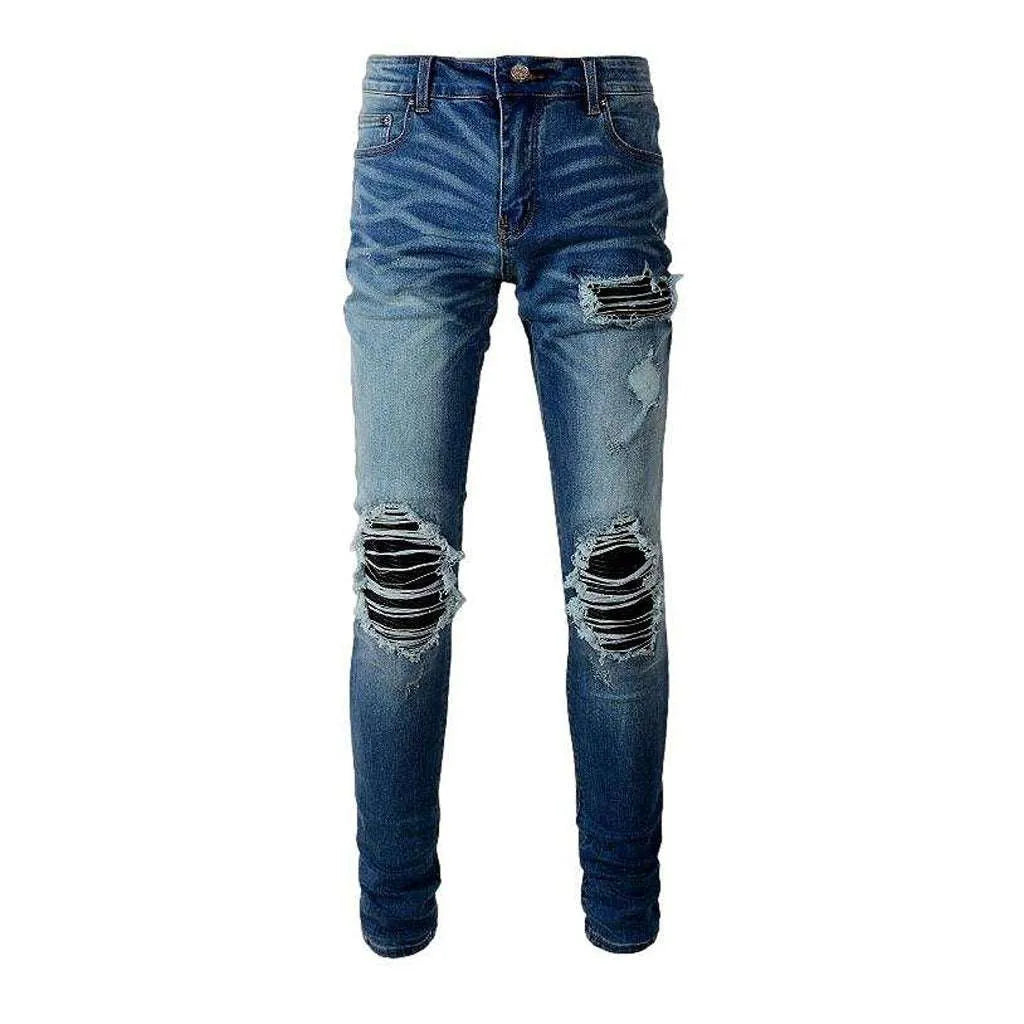 Leather patch men's skinny jeans