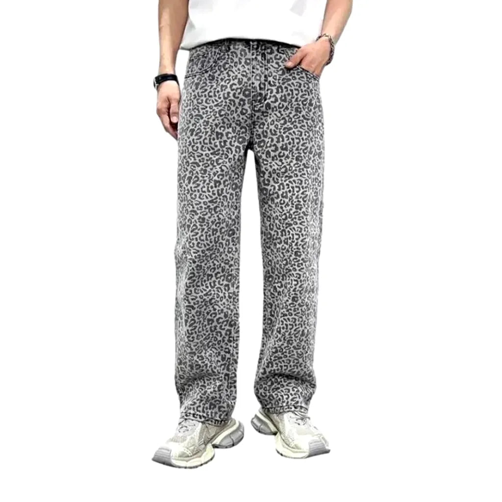 Leopard-print mid-waist jeans