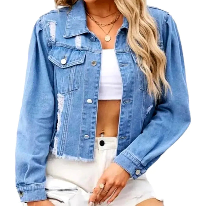 Light-wash distressed denim jacket