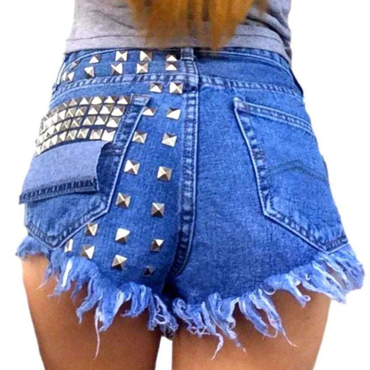 Metal embellished distressed denim shorts