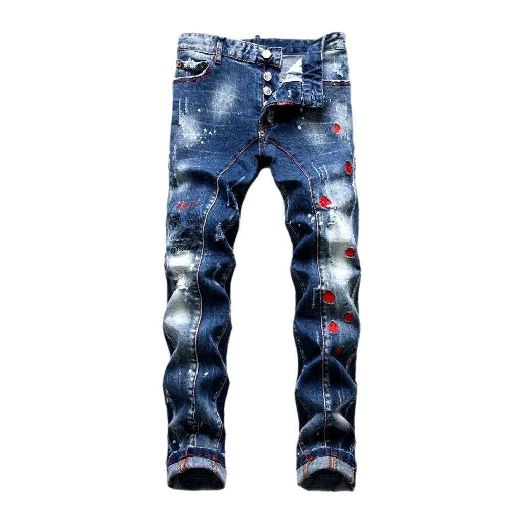 Mid-waist men's paint-splatter jeans