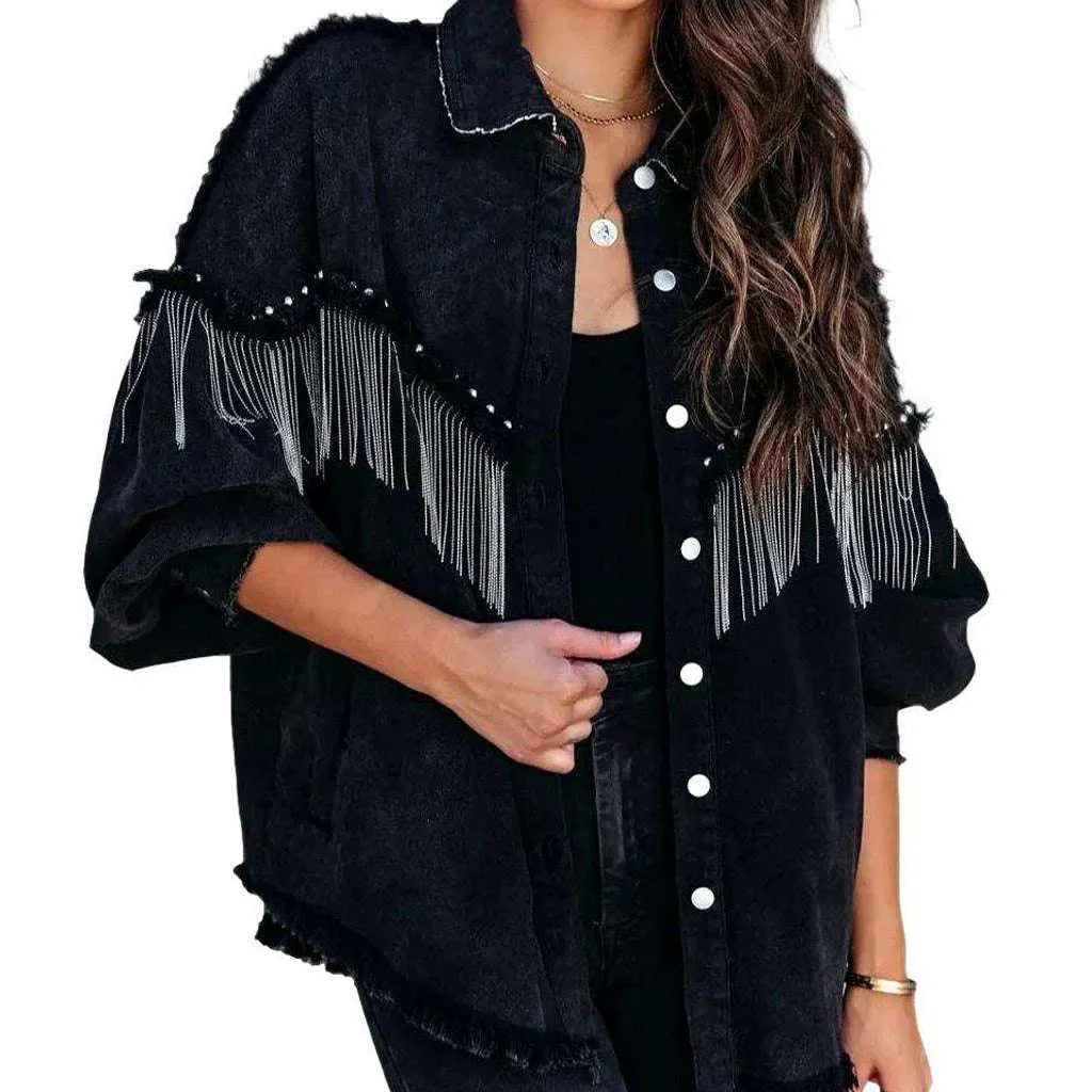 Oversized fringe women's denim jacket