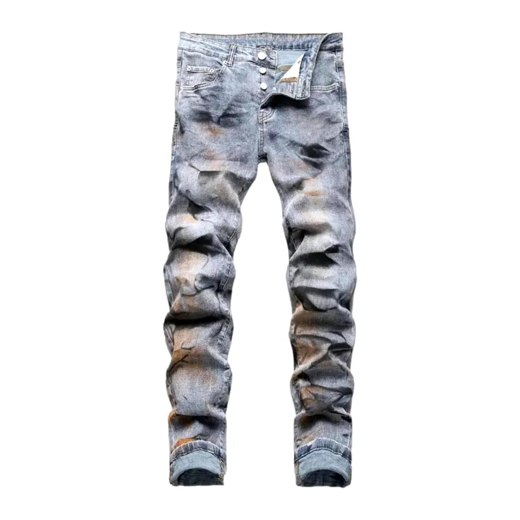 Paint-stains men's mid-waist jeans