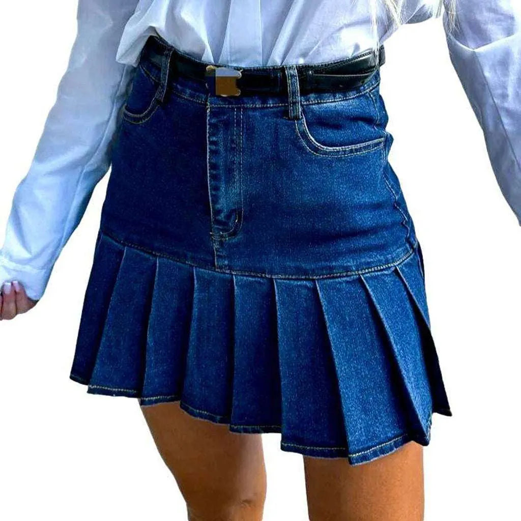 Pleated skater women's denim skirt