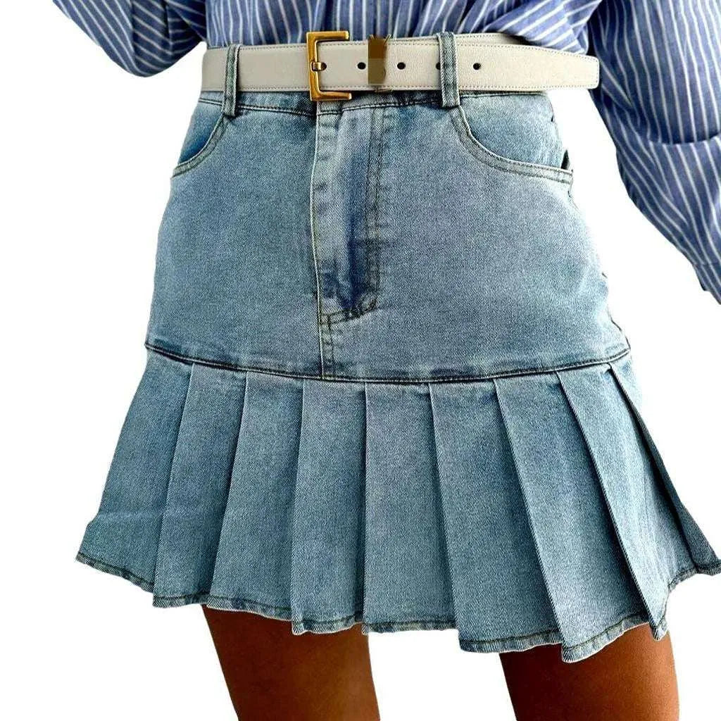 Pleated skater women's denim skirt