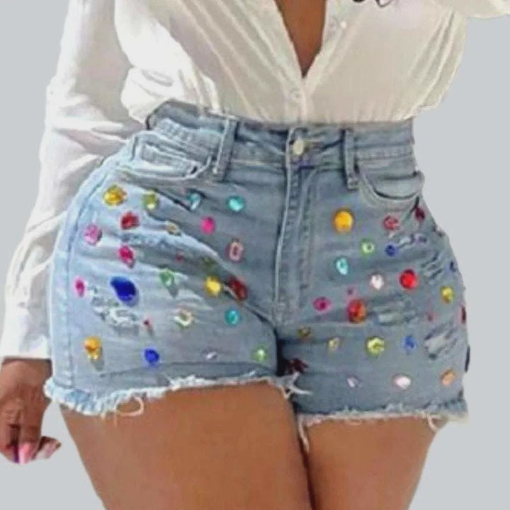 Distressed color rhinestone denim shorts | Jeans4you.shop