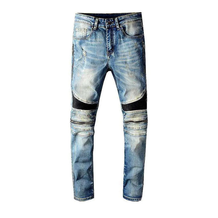 Pu leather patchwork biker jeans