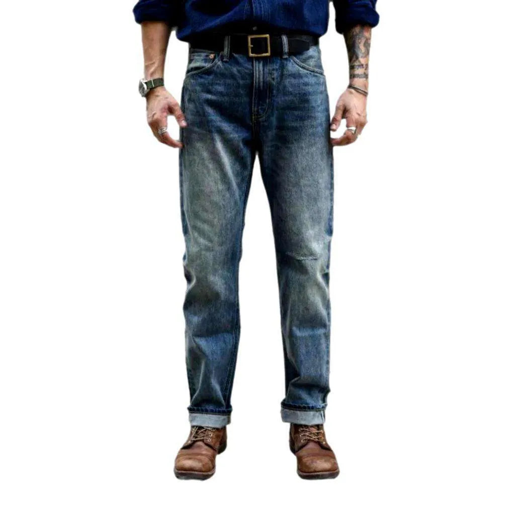 Sanded whiskered selvedge jeans
 for men