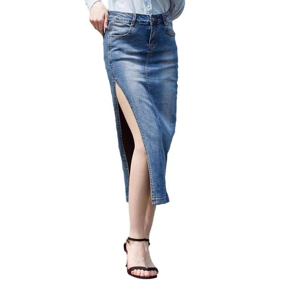 Side slit long denim skirt