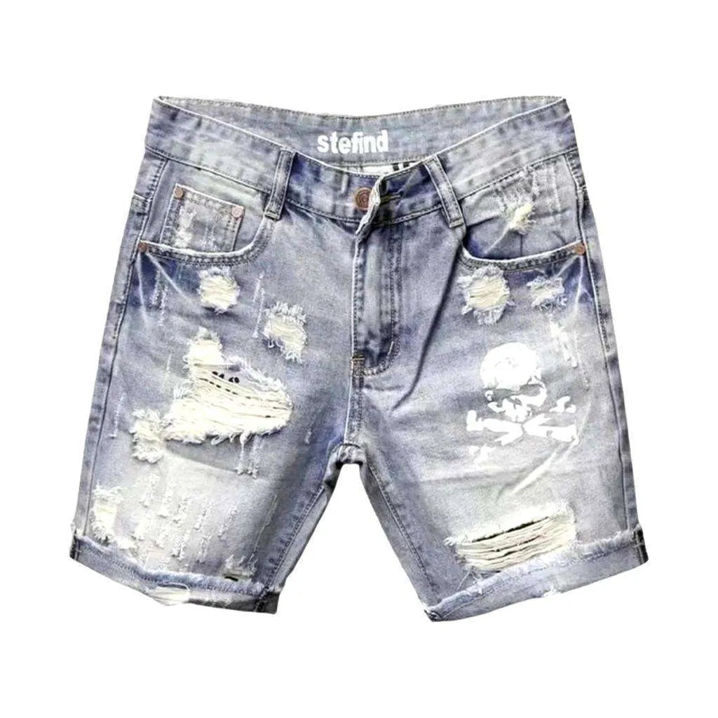 Skull print ripped denim shorts